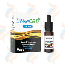 LVWellCBD Broad Spectrum vape oil packaging and bottle on a white background with smoke effects