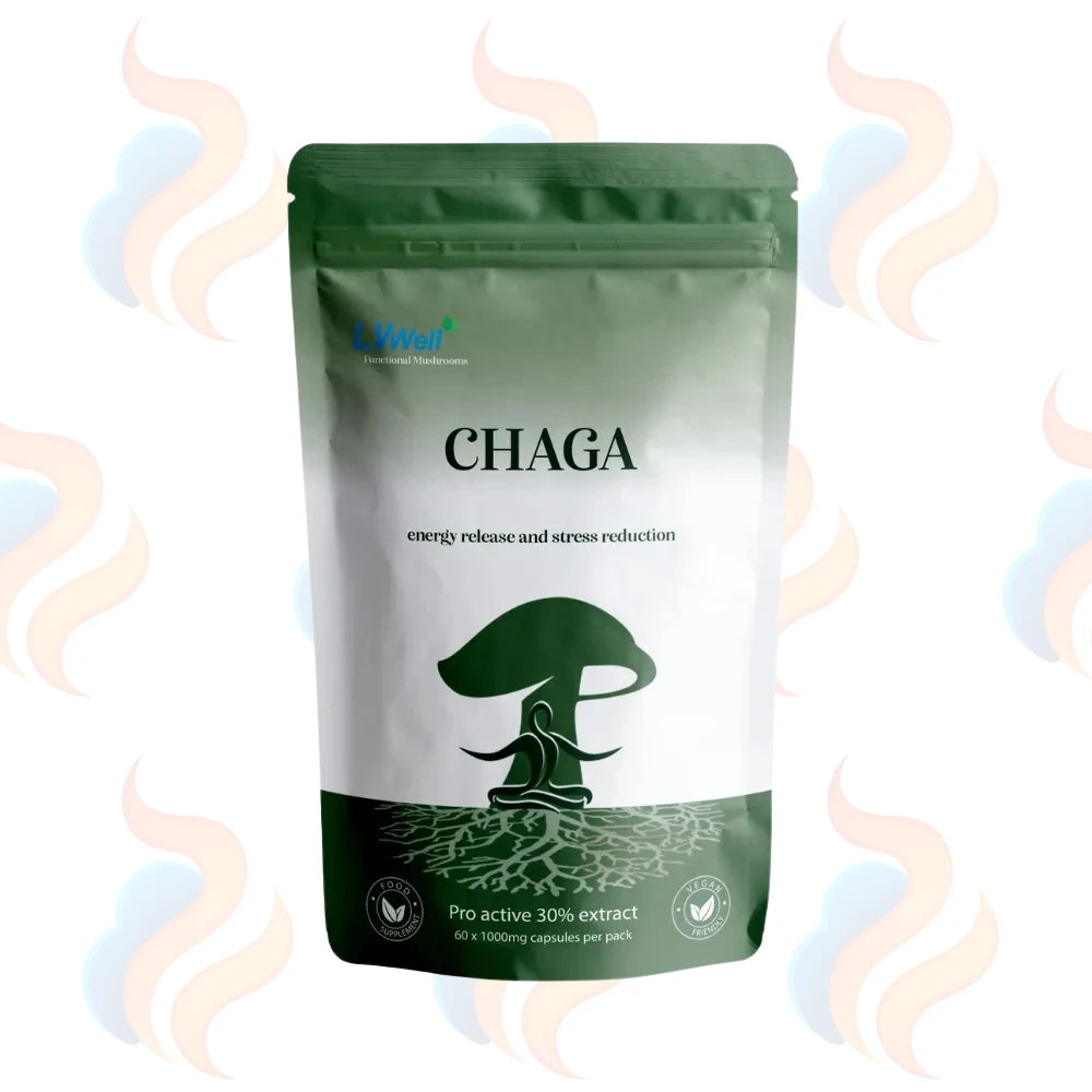 LVWell CBD Green and white package of Chaga mushroom powder on a white background