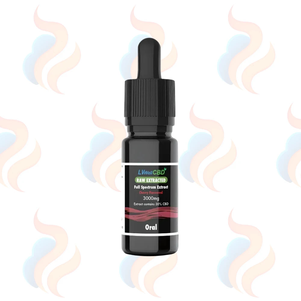 LVWell CBD Cherry flavoured Raw Extracted CBD oral drops in a black glass bottle