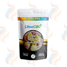 Packaging of LVWell CBD Fruity Mix CBD Gummies on a white background with UK Vape Supply Logo