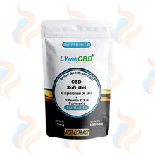 LWell CBD Immunity soft gel capsules packaging on a white background with decorative elements.