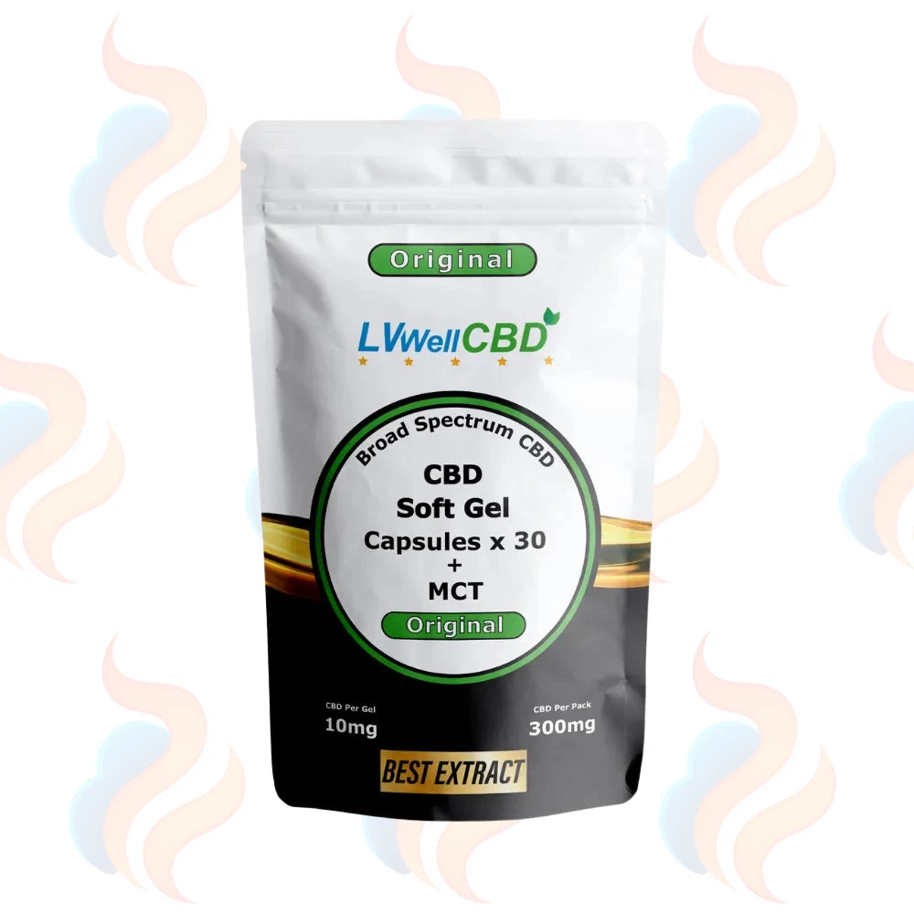 LWellCBD CBD Soft Gel Capsules packaging on a white background with decorative elements.
