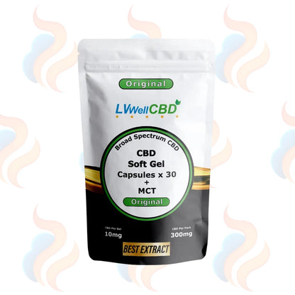 LWellCBD CBD Soft Gel Capsules packaging on a white background with decorative elements.