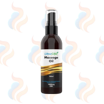 Bottle of LWellCBD Massage Oil on a white background with abstract designs.