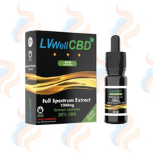 LVWell CBD Raw extracted full spectrum extract bottle and packaging on a white background with smoke effects.
