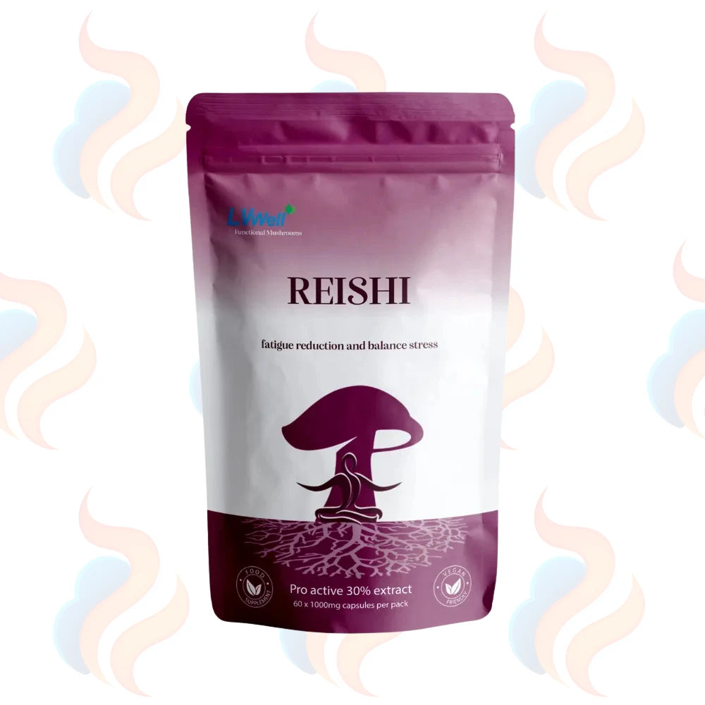 LVWell Reishi supplement package with mushroom graphic on a white background