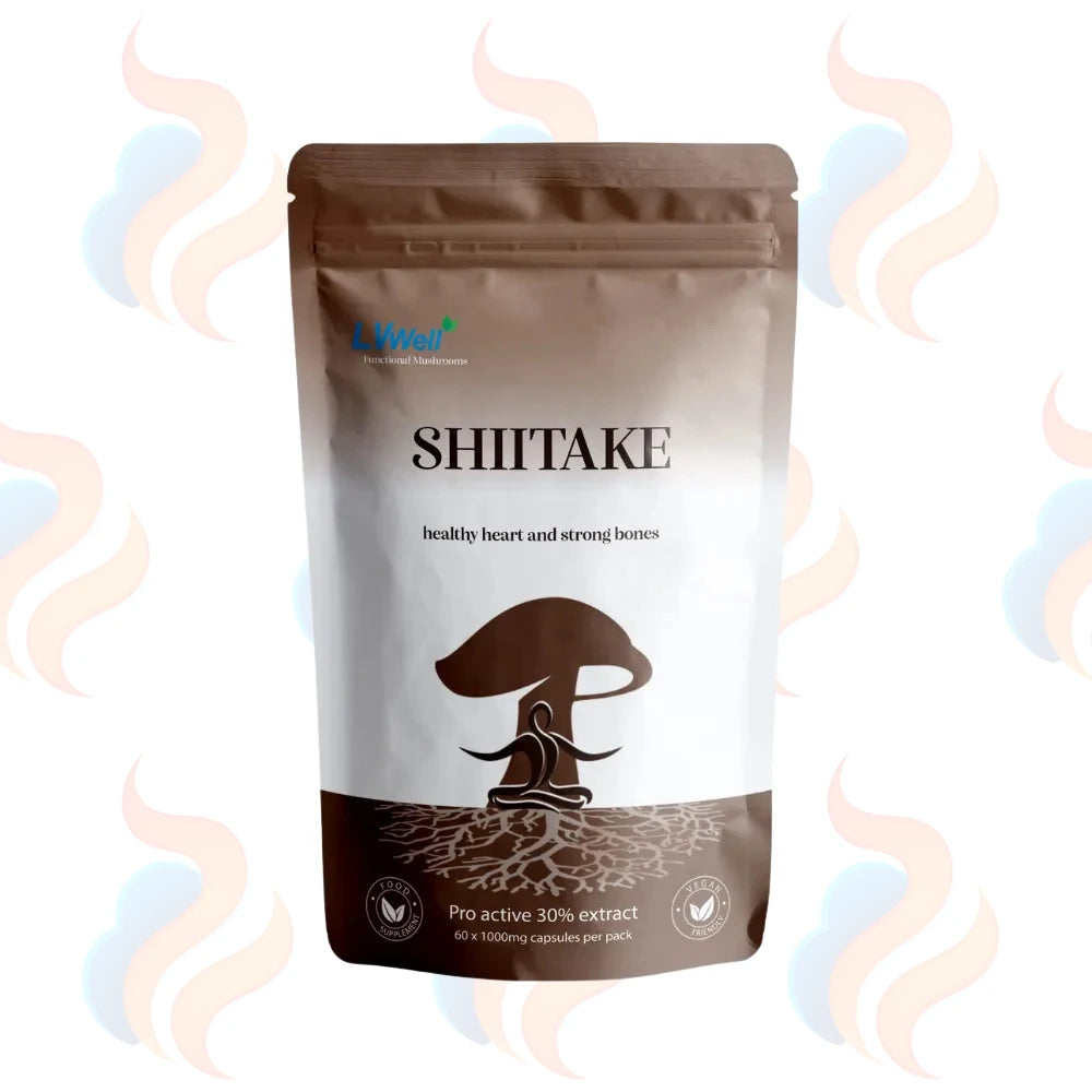 LVWell Shiitake mushroom packaging with text on a white background