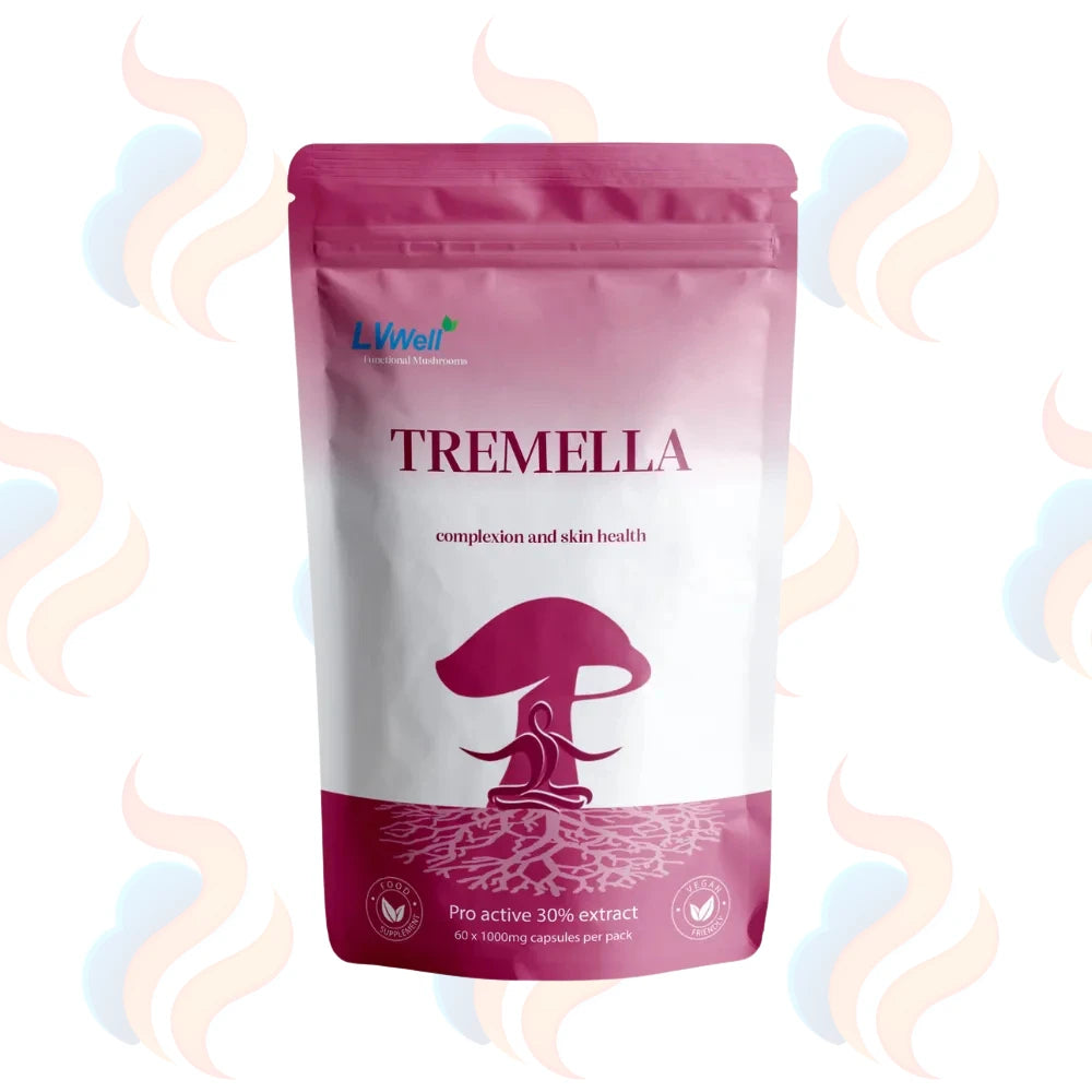 LVWell Tremella mushroom capsules in pink packaging on a white background