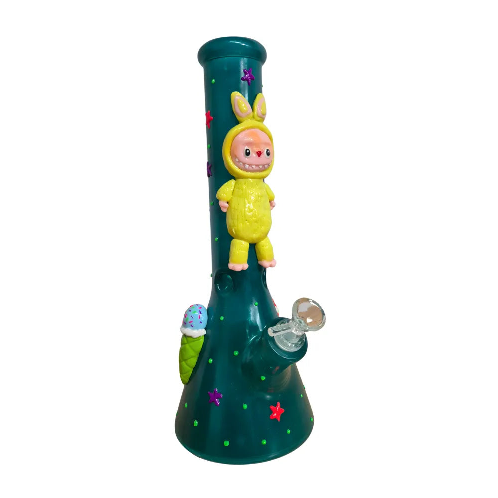 Green bong with a Labubu inspired character in a yellow outfit on a white background