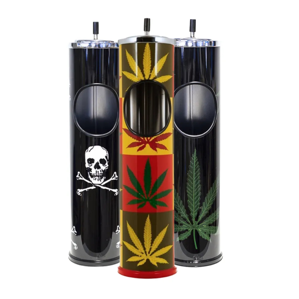 Three large floor standing ashtray bins in bold Amsterdam/reggae inspired designs