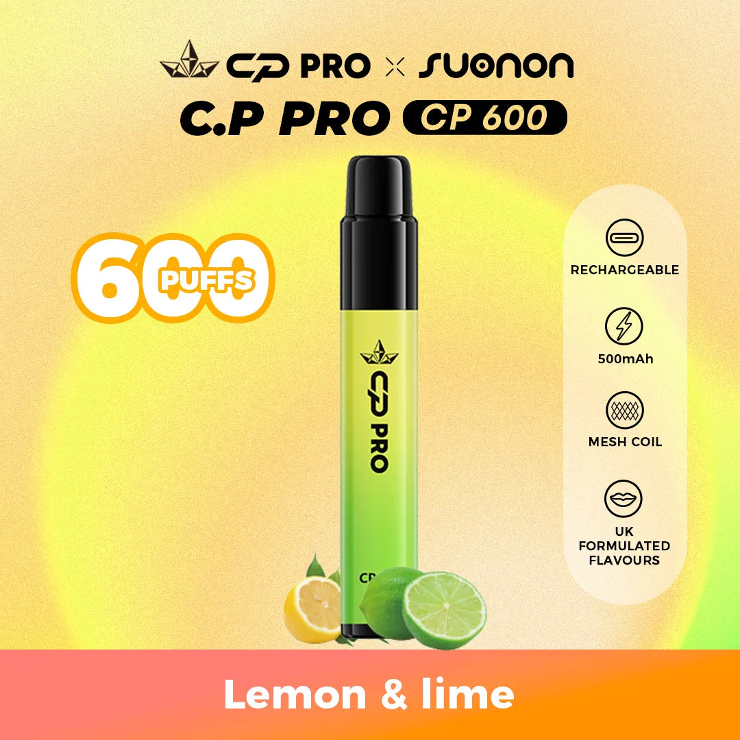 Suonon x CP Pro CP600 vape device with lemon lime flavour on a colourful gradient background