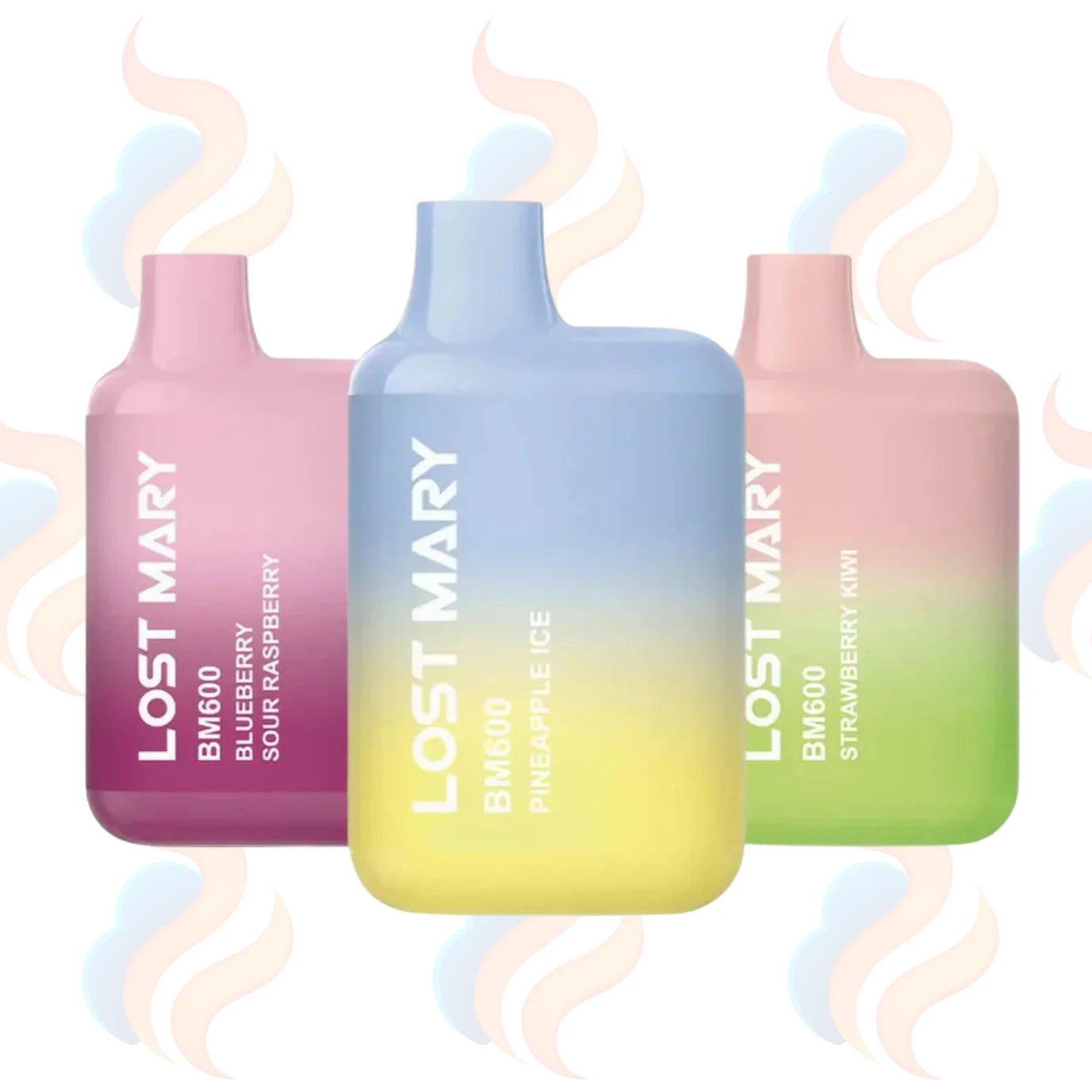 Three gradient Lost Mary BM600 vape devices on a white background with UK Vape Supply logo