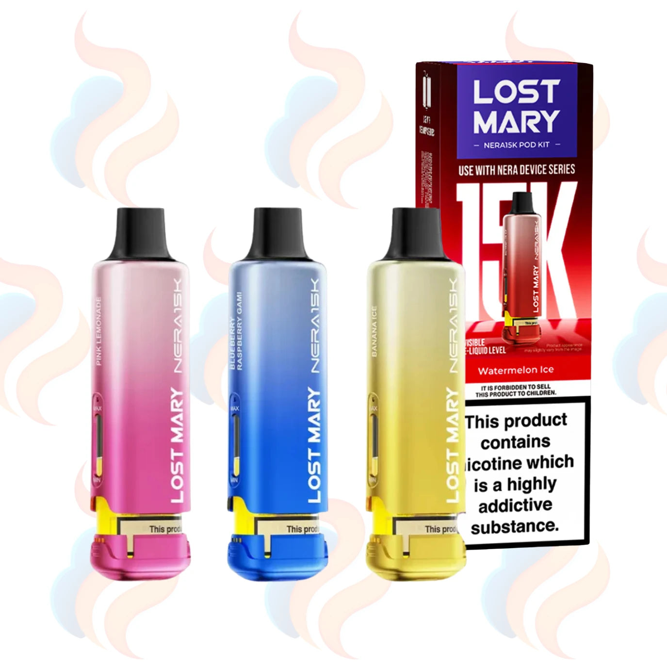 Three Lost Mary Nera refills on a white background with UK Vape Supply Logo