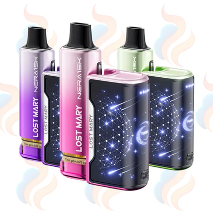 Collection of Lost Mary Nera vape devices in various colours on a white background