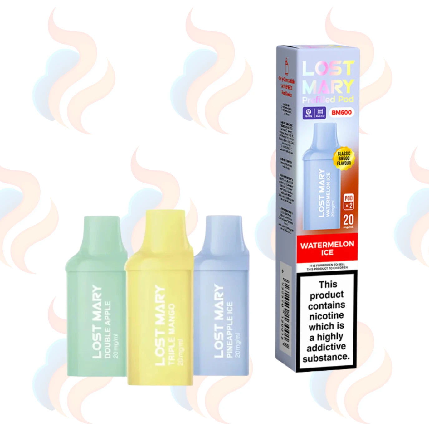 Three Lost Mary BM600 refills on a white background with UK Vape Supply Logo