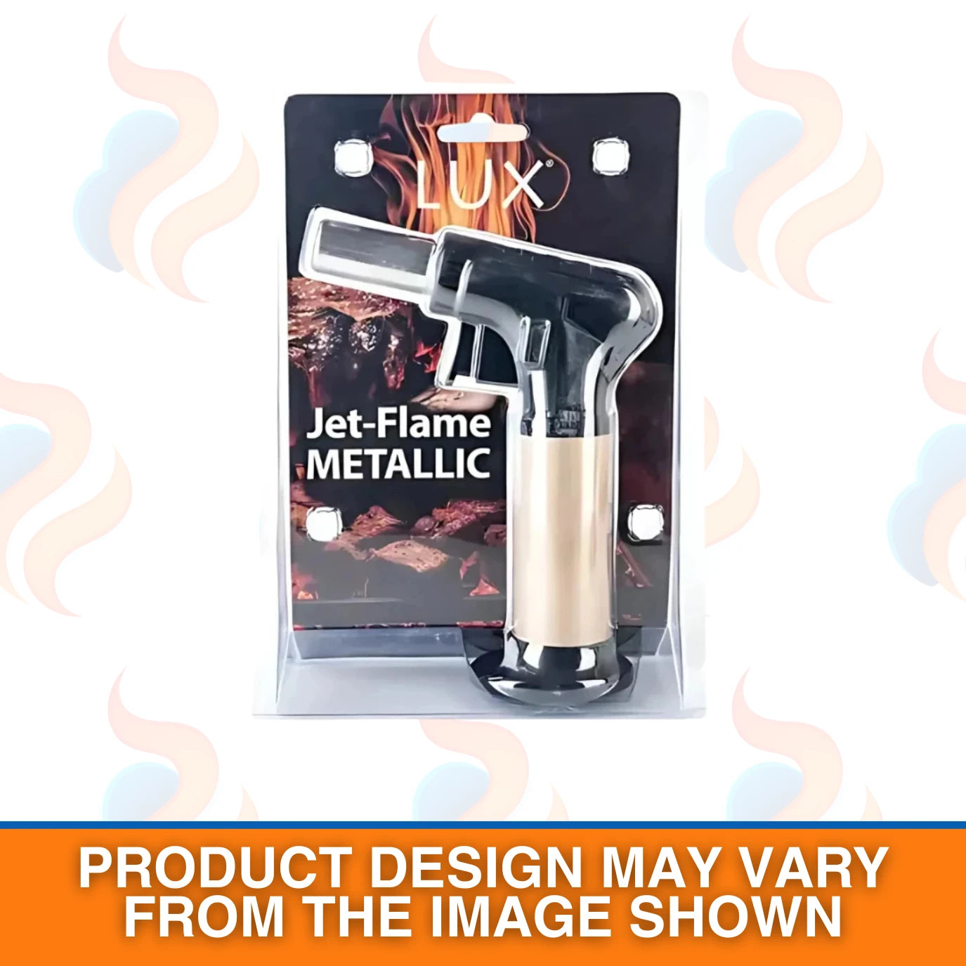 Packaged lighter with 'Lux' branding and 'Jet-Flame Metallic' text on a white background