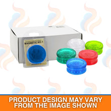 Set of colourful magnetic plastic grinders with a box labelled 'Magnetic No.1' on a white background with the UK Vape Supply logo