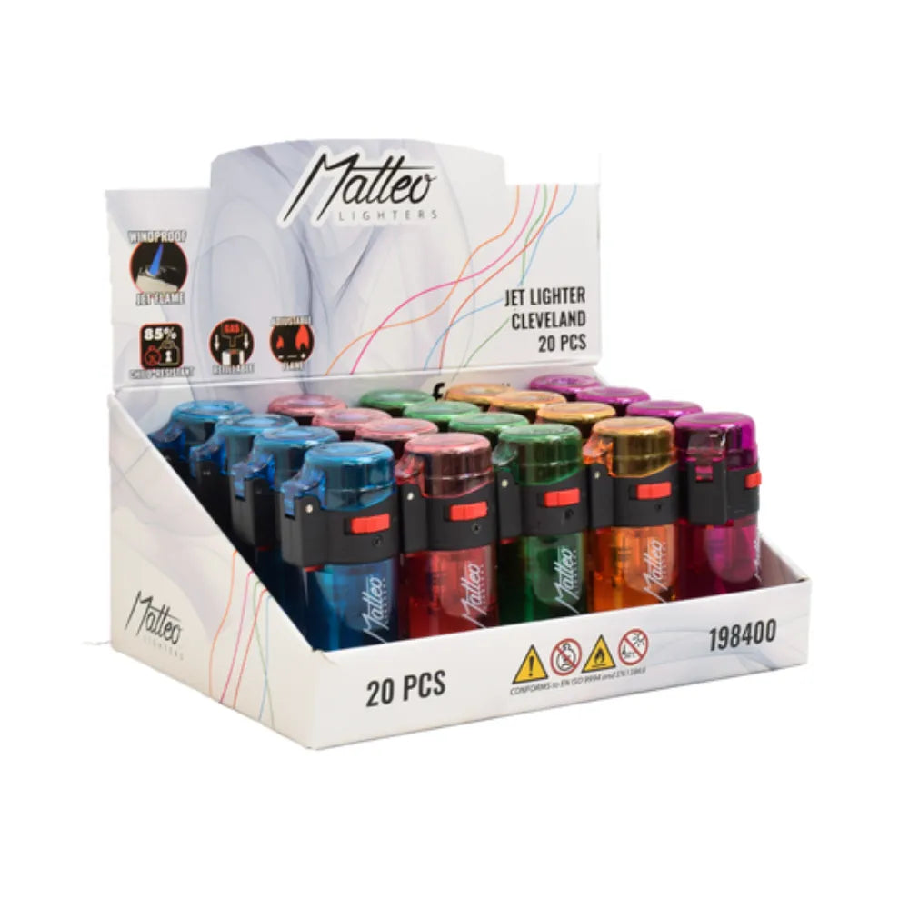 White display box of colourful Matteo Jet Lighter Cleveland 20pcs on a white background.