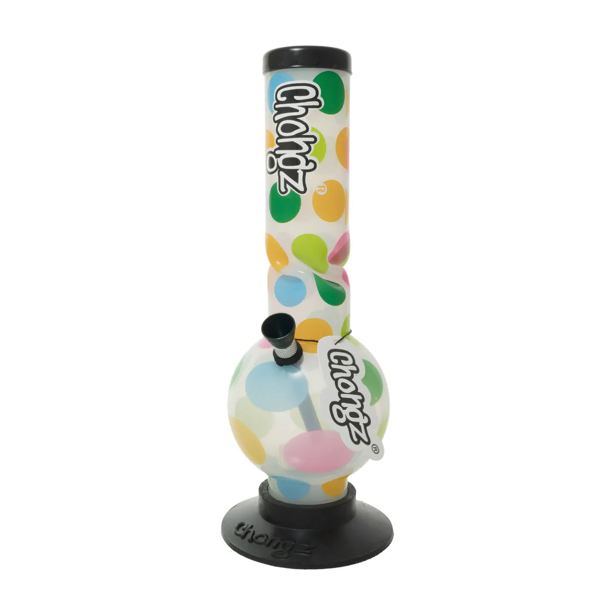 A Chongz brand glass water pipe with a colourful polka dot pattern on a white background, featuring a black mouthpiece, black top, and black base.