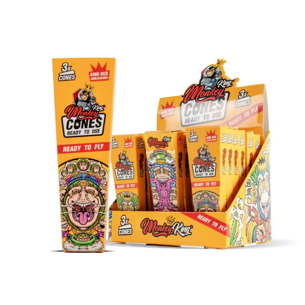 Monkey King king-size pre-rolled cones in a yellow unbleached display box on a white background