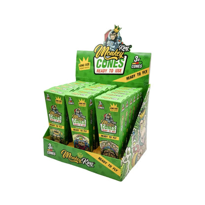 Monkey King king-size pre-rolled cones in a hemp green display box on a white background