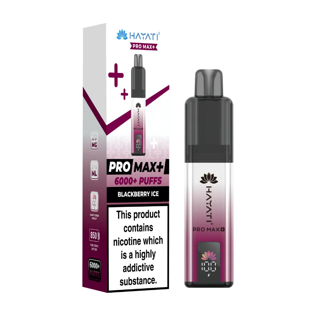 Hayati Pro Max+ vape device in "Blackberry Ice" flavour and packaging on a white background