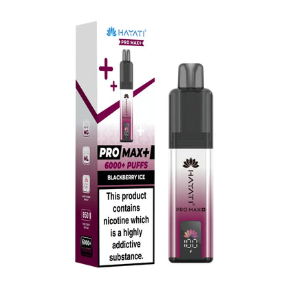 Hayati Pro Max+ vape device in "Blackberry Ice" flavour and packaging on a white background