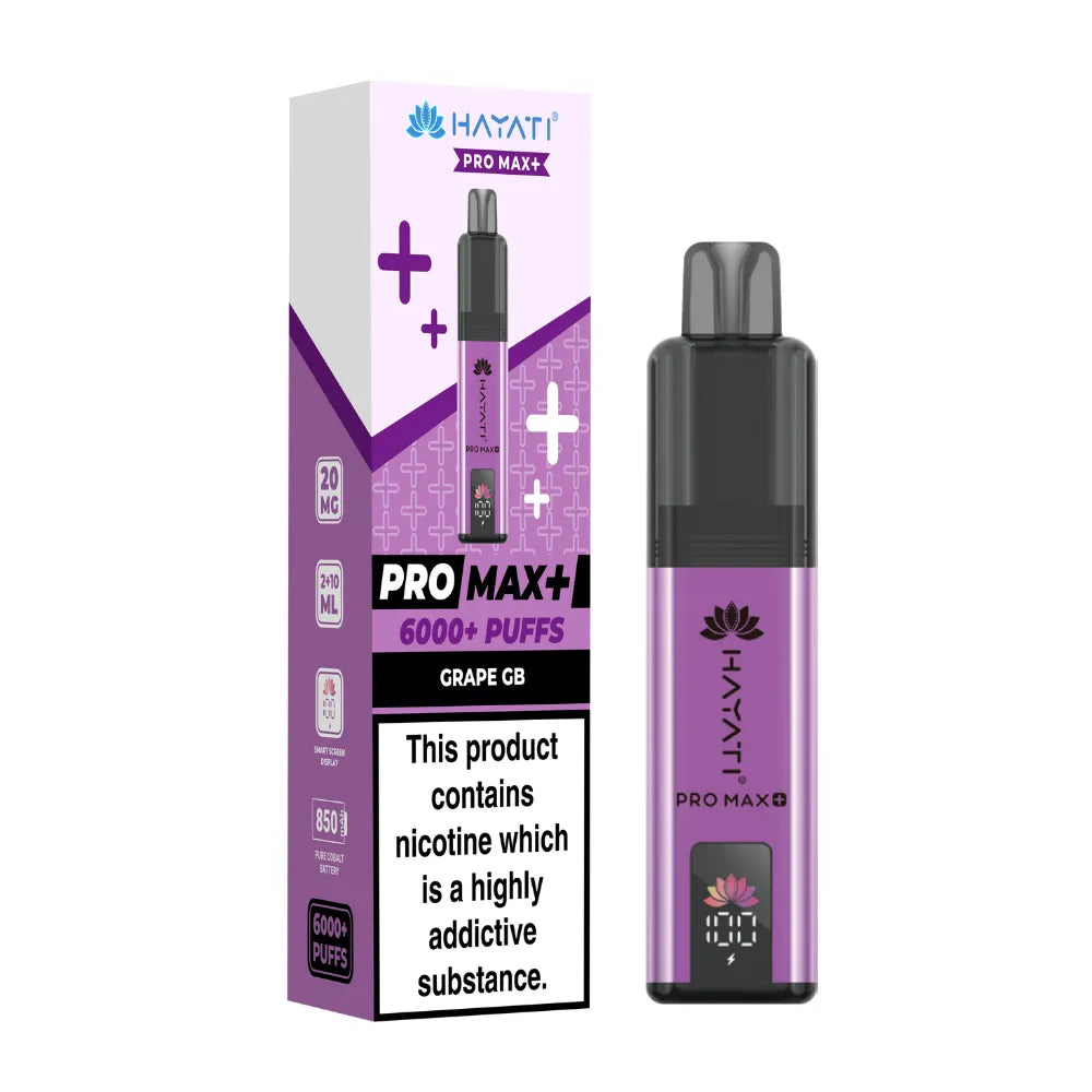 Hayati Pro Max+ vape device in "Grape GB" flavour and packaging on a white background
