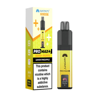Hayati Pro Max+ vape device in "Lemon Pineapple" flavour and packaging on a white background