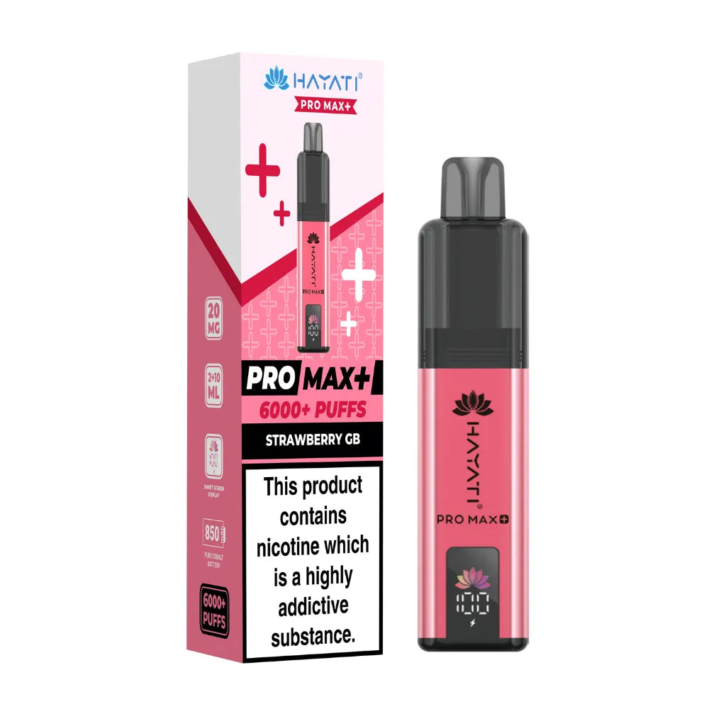 Hayati Pro Max+ vape device in "Strawberry GB" flavour and packaging on a white background