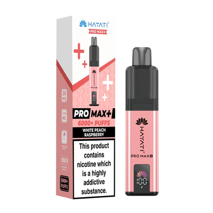 Hayati Pro Max+ vape device in "White Peach Raspberry" flavour and packaging on a white background
