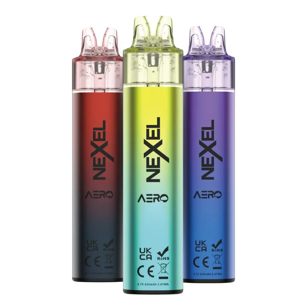 Three Nexel Aero vape devices in red, green, and blue on a white background
