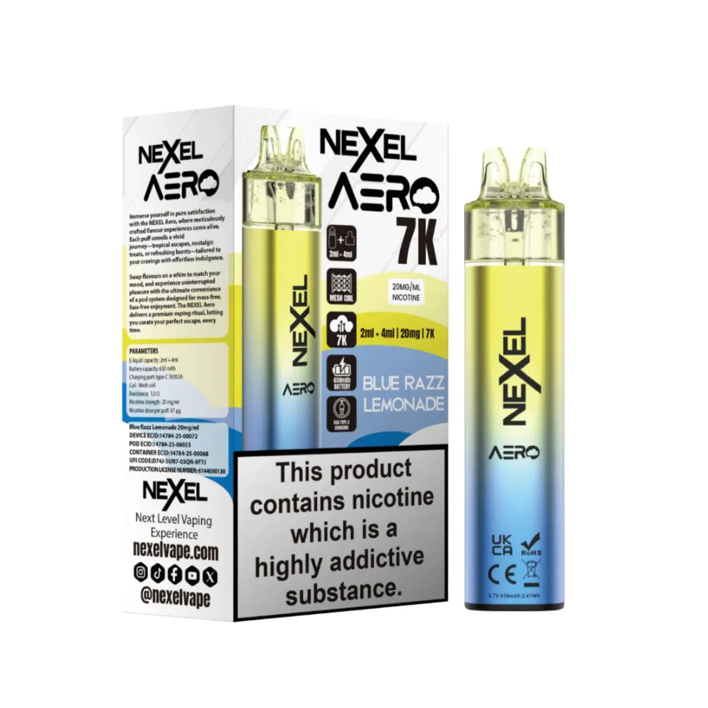 Nexel Aero Blue Razz Lemonade vaping device and packaging on a white background