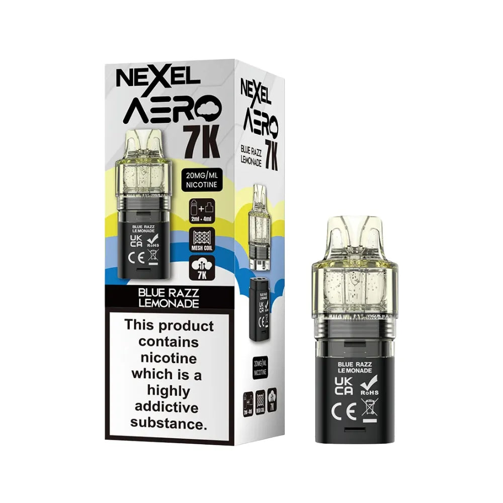 Nexel Aero 7K blue razz lemonade pod and packaging on a white background