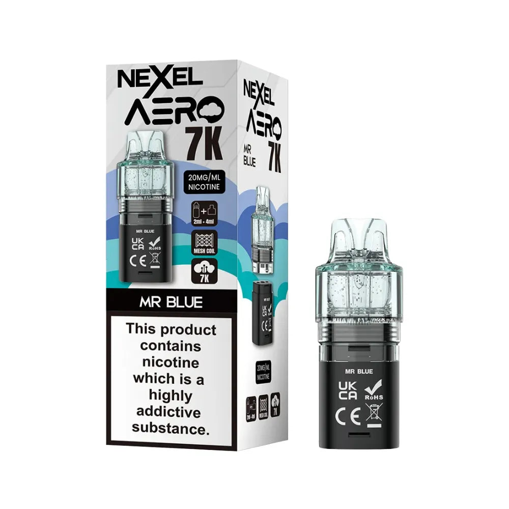 Nexel Aero 7K mr blue pod and packaging on a white background