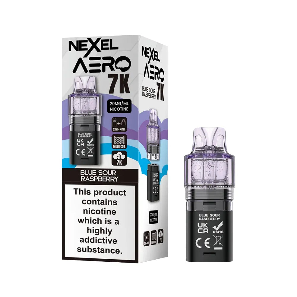 Nexel Aero 7K blue sour raspberry pod and packaging on a white background