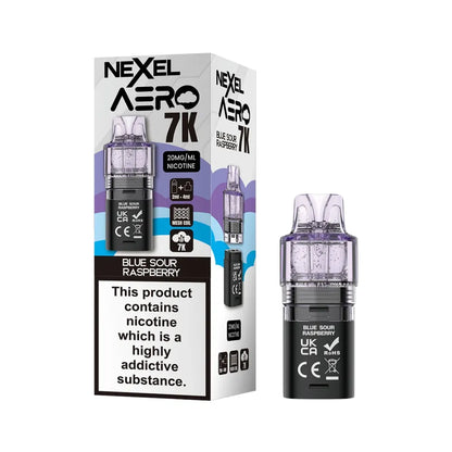Nexel Aero 7K blue sour raspberry pod and packaging on a white background