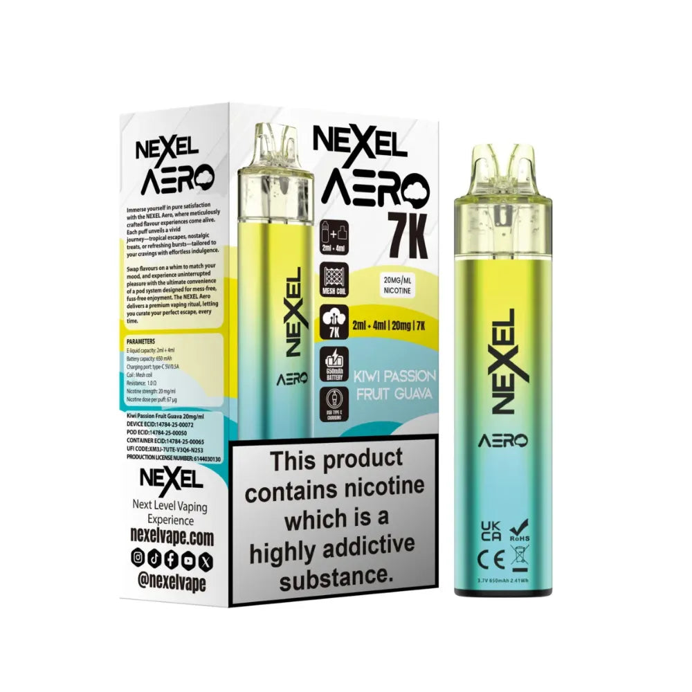 Nexel Aero Kiwi Passion Fruit Guava vaping device and packaging on a white background