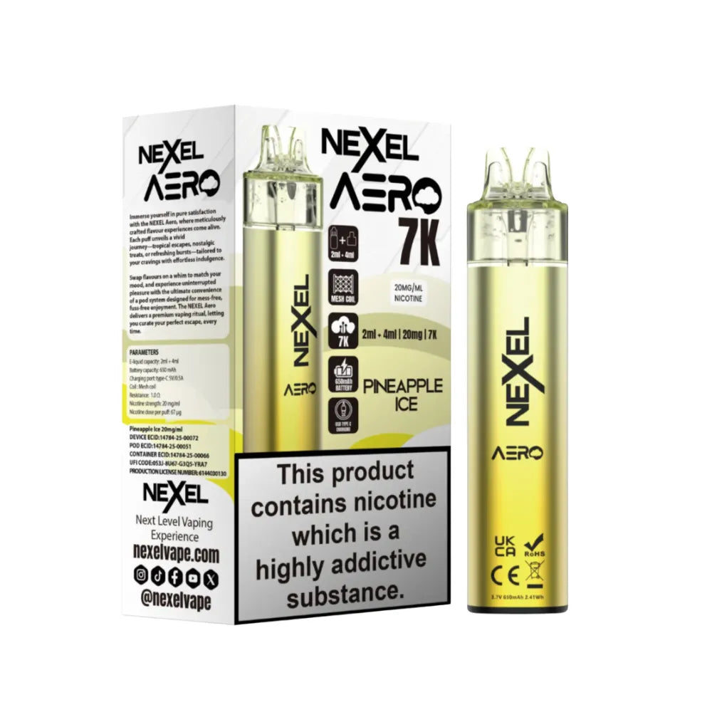 Nexel Aero Pineapple Ice vaping device and packaging on a white background