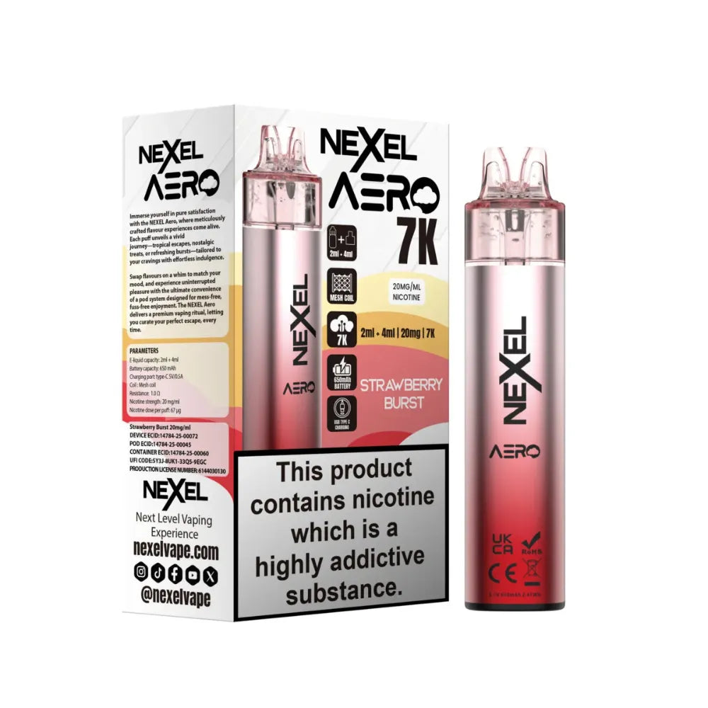 Nexel Aero Strawberry Burst vaping device and packaging on a white background