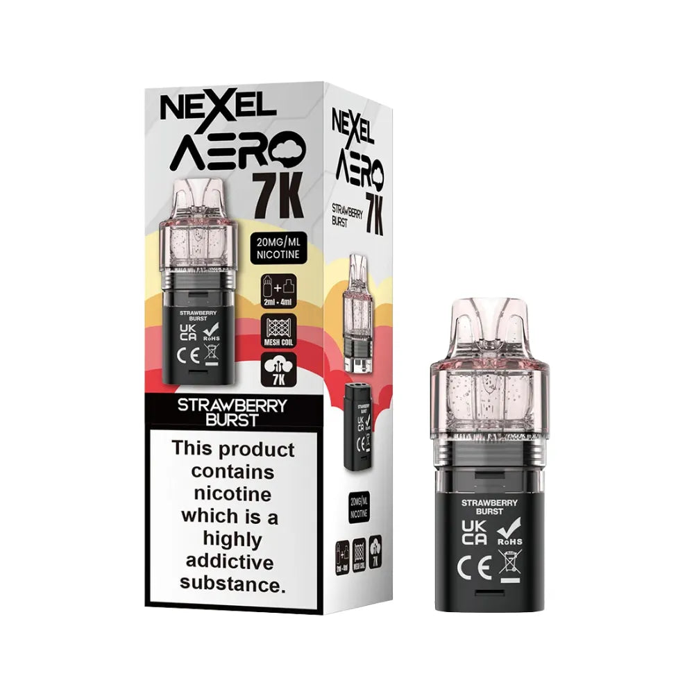 Nexel Aero 7K strawberry burst pod and packaging on a white background