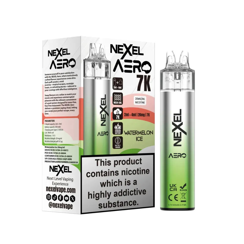 Nexel Aero Watermelon Ice vaping device and packaging on a white background