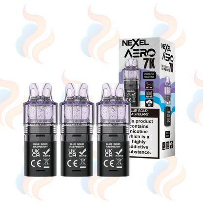 Three Nexel Aero 7k refills on a white background with UK Vape Supply Logo