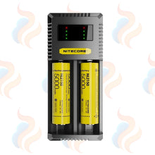 Nitecore CI2-BAY battery charger with two yellow batteries on a white background