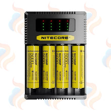 Nitecore CI4-BAY battery charger with four yellow batteries on a white background