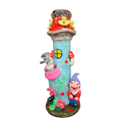 Colourful novelty glass waterpipe with an gnome-inspired design on a white background