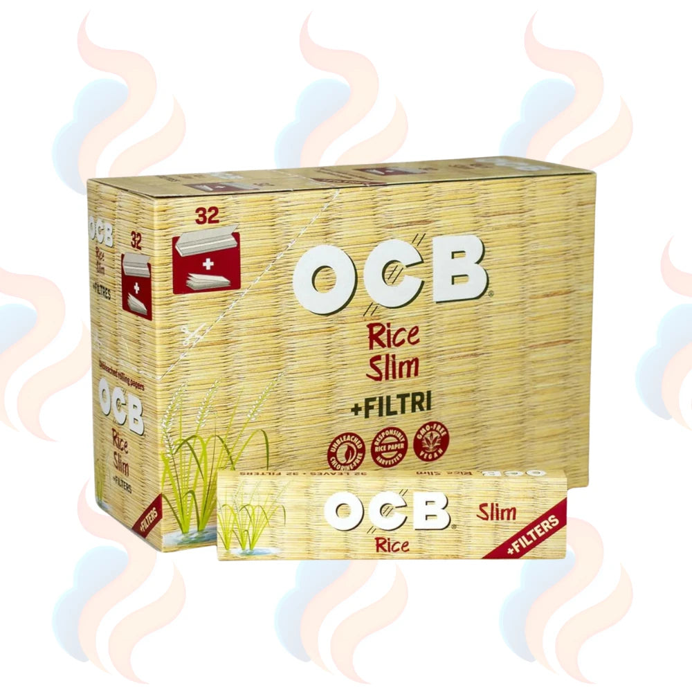OCB Rice Rolling Papers with Tips 32pcs on a white background