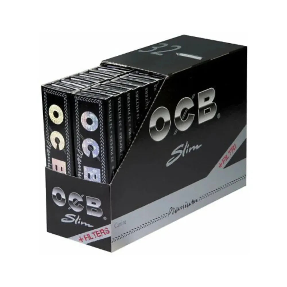 OCB Slim rolling paper & filters in a box of 32 packaging on a white background