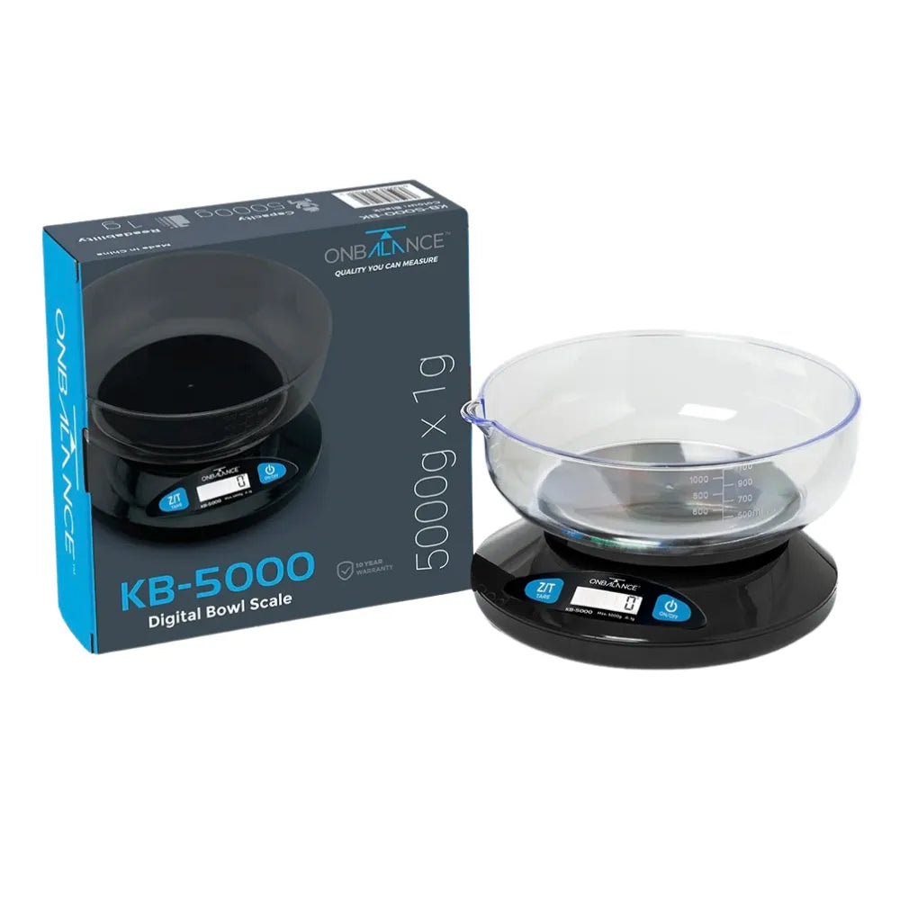 ONB KB-5000 digital bowl scale with clear bowl and packaging on a white background