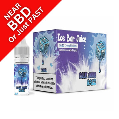 Ice Bar Juice Blue Sour Razz e-liquid packaging with a warning label on a white background